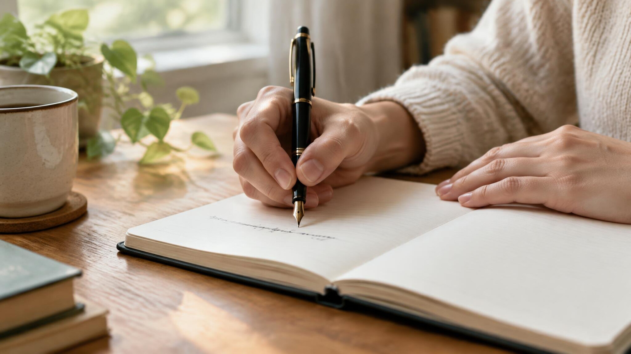 Hands writing a letter on an open notebook