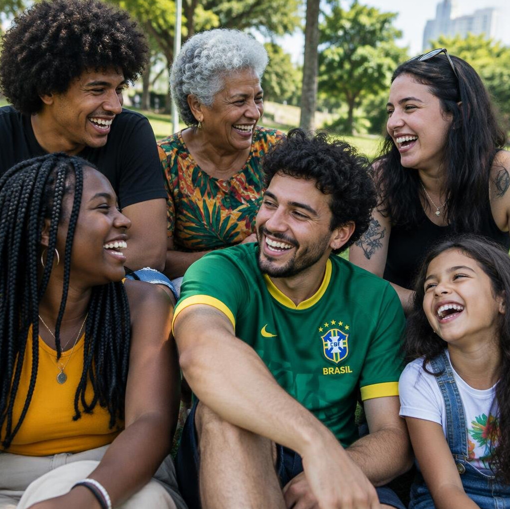 Diverse group of people laughing together outdoors