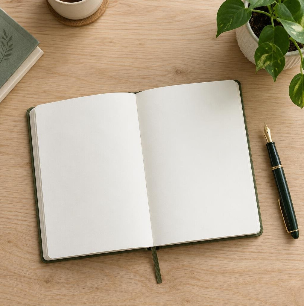 Open journal with pen and a small plant