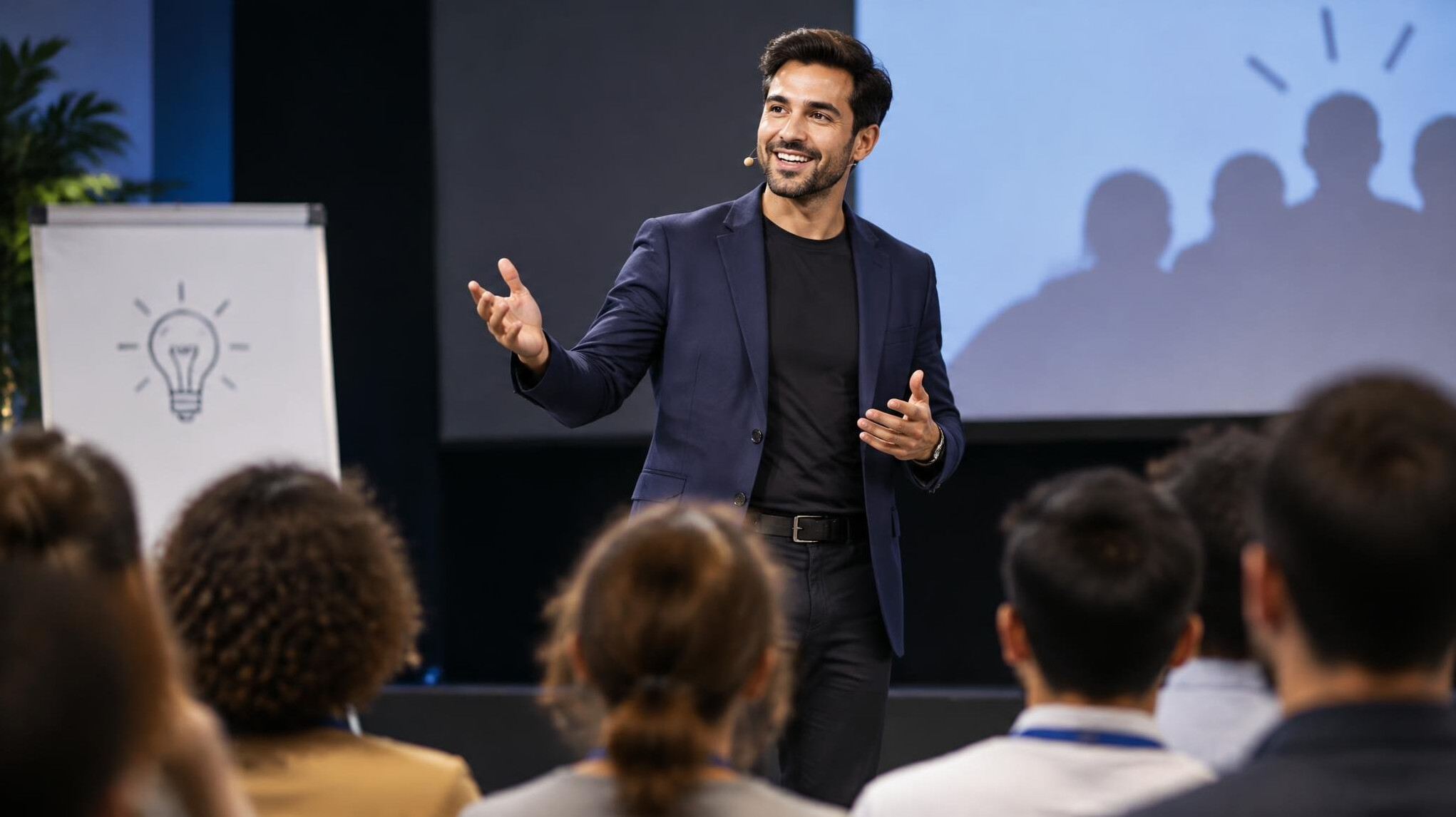 confident speaker on stage